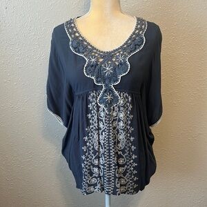 LESHOP Blue and White Embroidered Boho Dolman Tie Back Blouse Size M